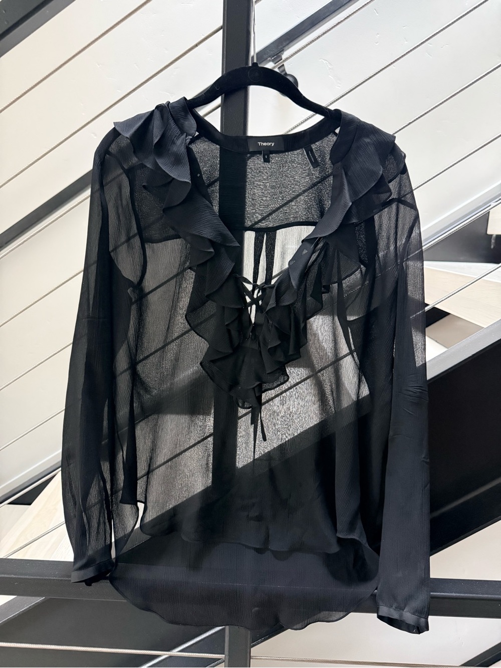 Theory Black Ruffle Tie-Front Sheer Blouse size small